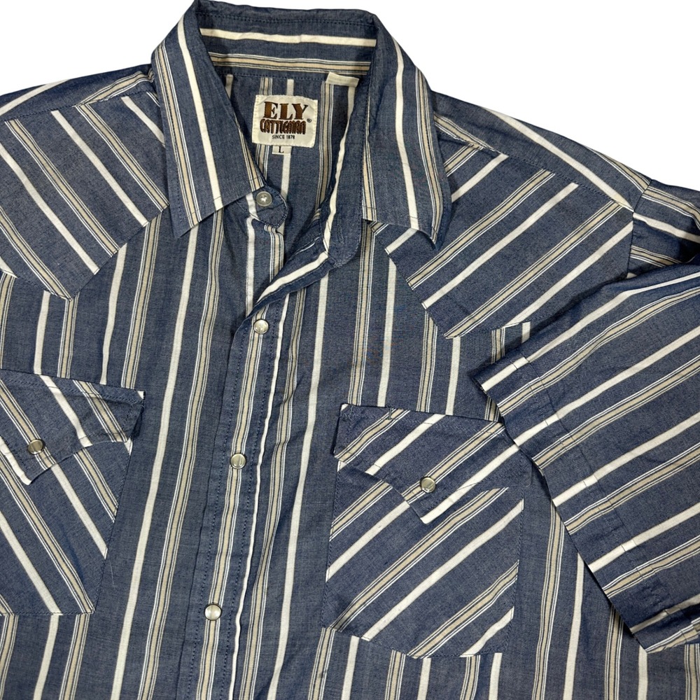 VTG Ely Cattleman Mens Blue Striped Short Sleeve Western Pearl Snap Shirt Size L